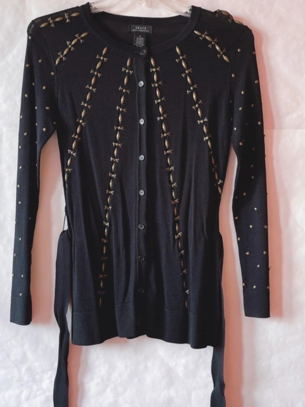 Grace Knit Dressing Black Embellished Button Front Belted Cardigan Size Small